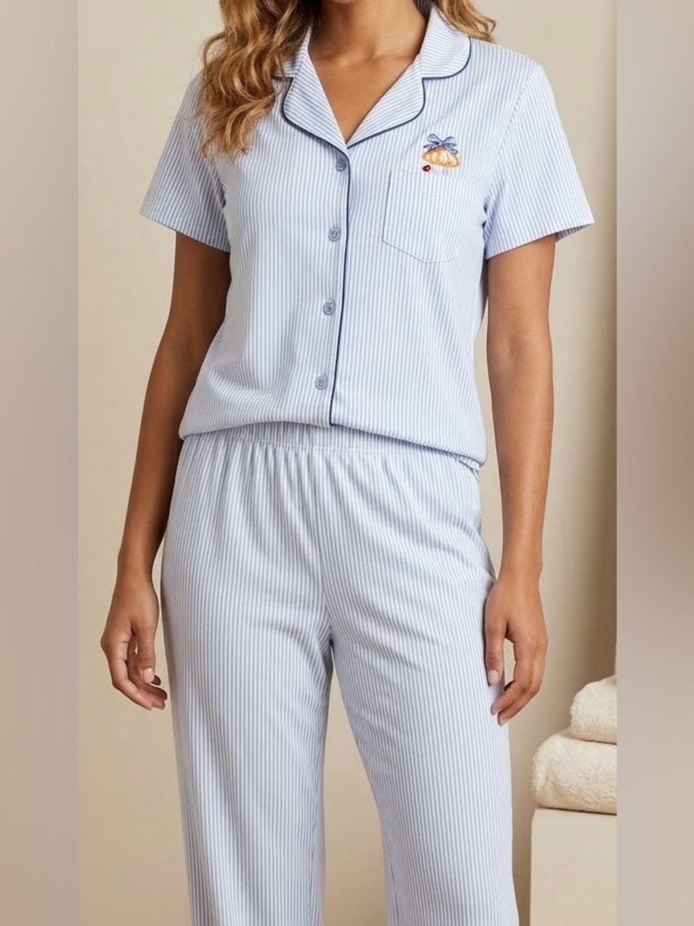 Laura Ashley Light Blue & White Pinstripe Short Sleeve Pajama Set